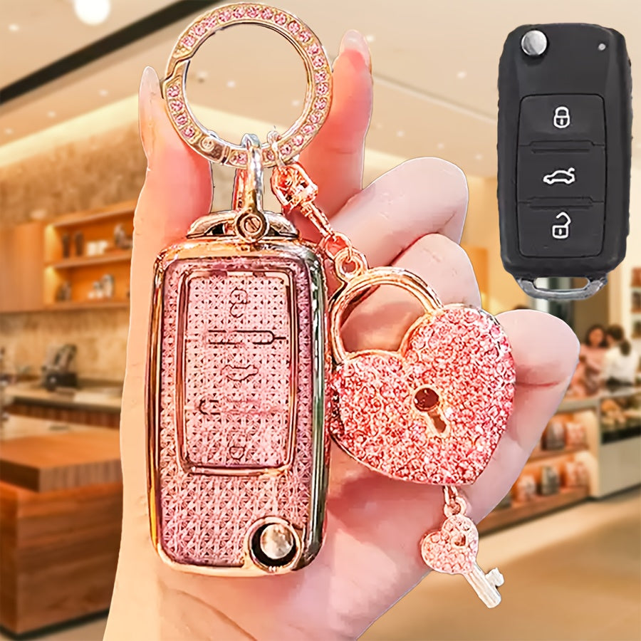 For Volkswagen TPU Car Key Fob Cover with Diamond Pattern, Special Buckle Design, Includes Rhinestone Keychain & Heart-Shaped Charm, Compatible with Sprint Boraie Lavida Golf Polo Models